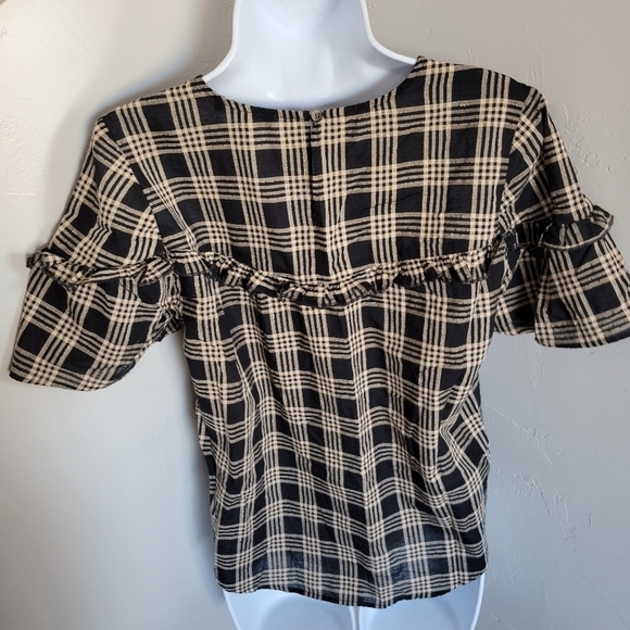 Madewell Black Tan Cream Plaid Short Sleeve Blouse Ruffle Trim Small Holiday Top - Picture 5 of 6